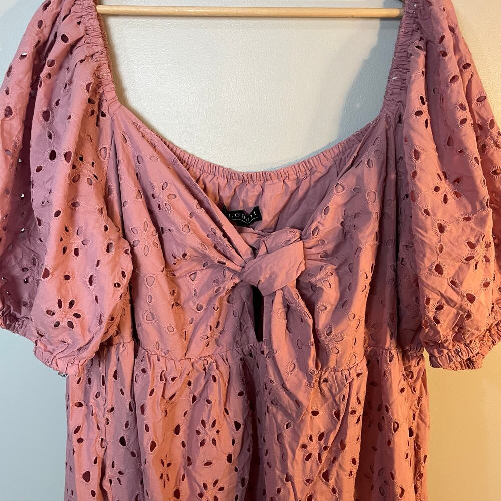 NWT Eloquii Eyelet Detail Tie Front Puff Sleeve Maxi Dress Pink Mauve SZ 28 NEW - Picture 6 of 16